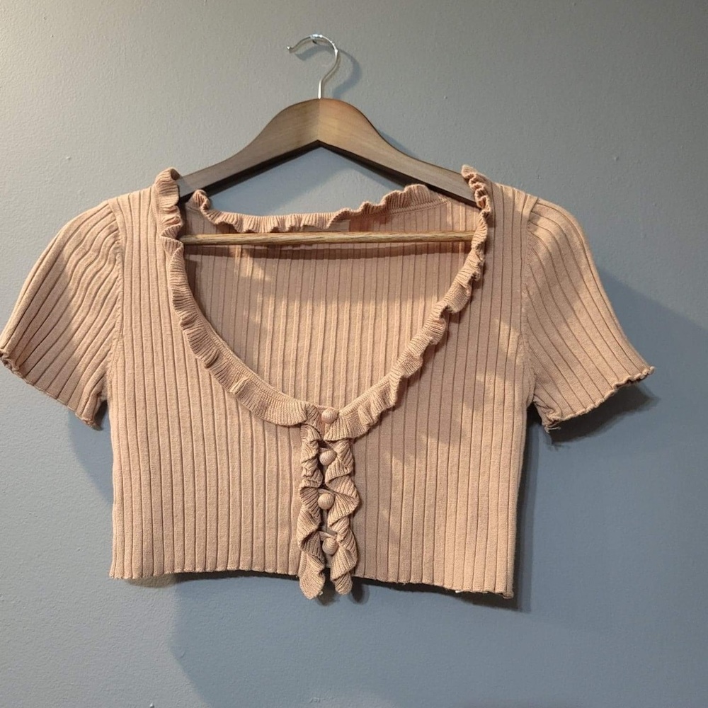 Urban Outfitters Short Sleeve Ruffle Cropped Cardigan Sweater Y2K Style | Size L